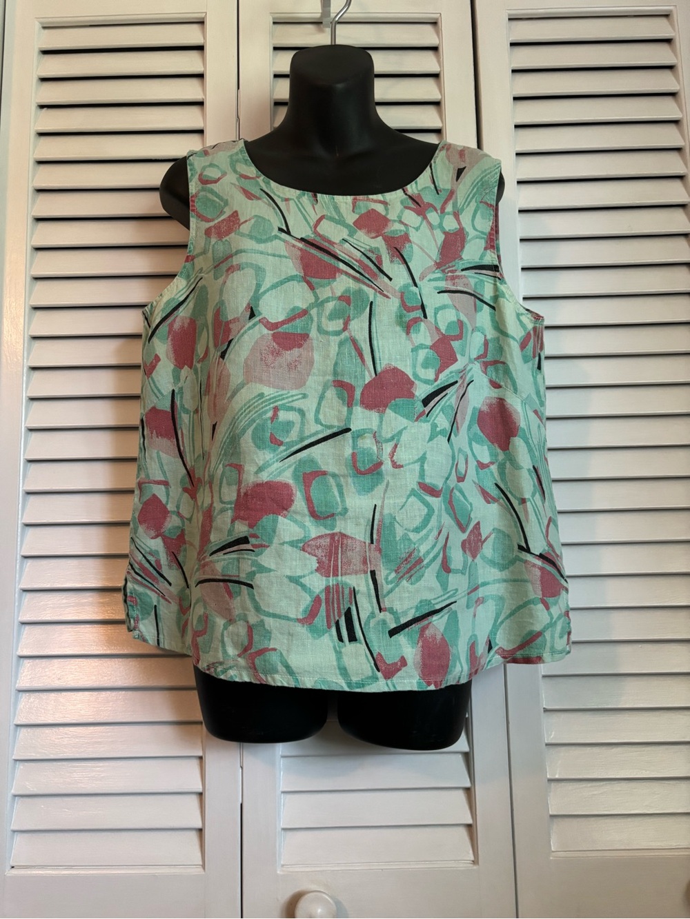 Color Me Cotton 100% Linen Abstract Woven Round Neck Sleeveless Top L Lagenlook